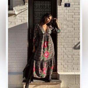 FARM RIO rooster cross stitch plaid maxi floral Prairie dress size extra small